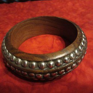 Wooden bangle with silver tone  imbedded beads